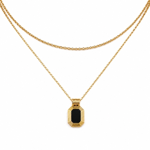 MIALIE - 18K Gold Plated Double Chain Necklace With Black Stone Pendant