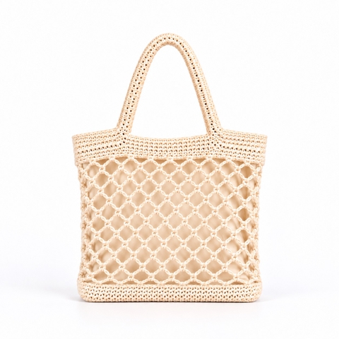 Macrame Tote Bag With Zipper - White