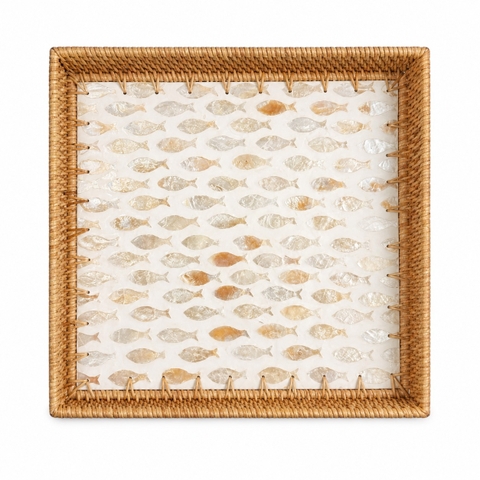 Mother Of Pearl & Rattan Tray