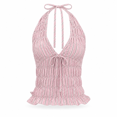 HUMANITY HANOI - Ruch Halter Top With Ruffle in Stripe Light Pink
