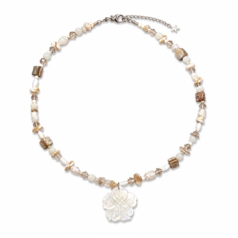 MERMAID - 'Blosse' Natural Gemstone & Pearl Necklace With Flower Pendant