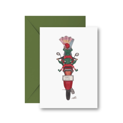 LAURIE DRAWS - ‘Elves On Motorbike' CHRISTMAS Card