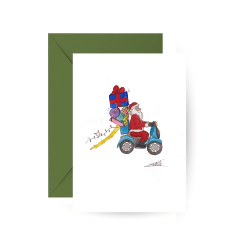 LAURIE DRAWS - ‘Santa’s Driving Vespa' CHRISTMAS Card