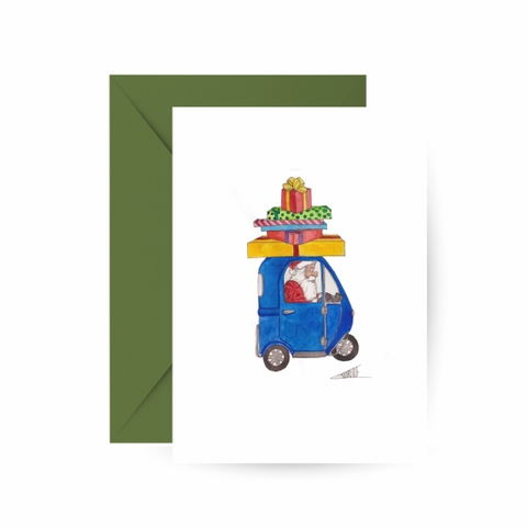 LAURIE DRAWS - ‘Santa’s Driving A Mini Car' CHRISTMAS Card