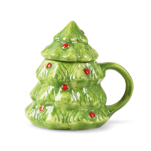 CHRISTMAS - Ceramic Short Mug With Lid in Pine Tree