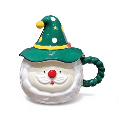 CHRISTMAS - Ceramic Short Mug With Lid in Green Santa