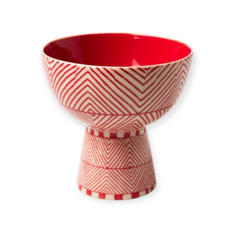 BAT TRANG - Ceramic Nut Bowl With Geometric Red & White Pattern