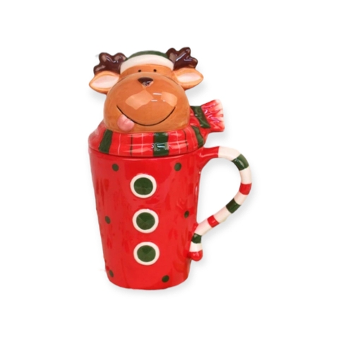 CHRISTMAS - Ceramic Tall Mug With Lid in Reindeer
