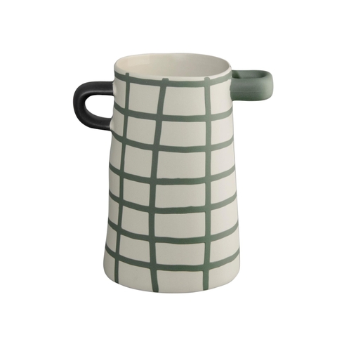 BAT TRANG - Ceramic Checked Green Short Vase With Black & Green Handle