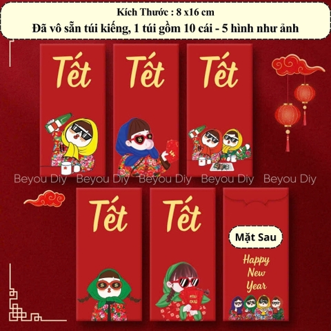 Set 10, 20, 40, 60 Bao Lì Xì Đỏ Thiết Kế Hoạt Hình Dễ Thương, Lì Xì Tết 2026 Phong Cách Cô Ba Vui Xuân