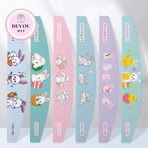 Dũa Móng Tay Bán Nguyệt Độ Nhám 100/180, Họa Tiết Thỏ Dễ Thương, Phụ Kiện Làm Nail Chuyên Nghiệp