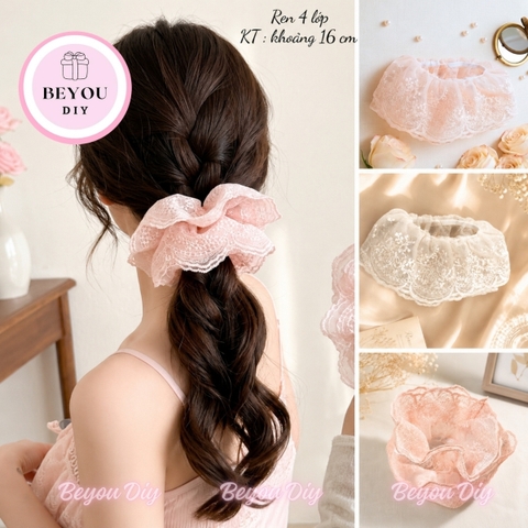 Dây Buộc Tóc Scrunchies Phối Ren Nơ Ruy Băng Phong Cách Tiểu Thư Vintage