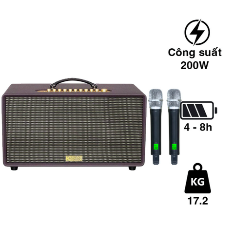 Loa Acnos Flac 36 Ver2, Bass 20cm, Công suất 200W, Bluetooth 5.0, Pin 4h-8h, Kèm 2 Tay Mic