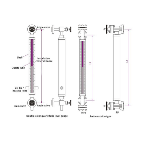 Bicolor quartz glass tube liquid level gauge with lamp level indicator