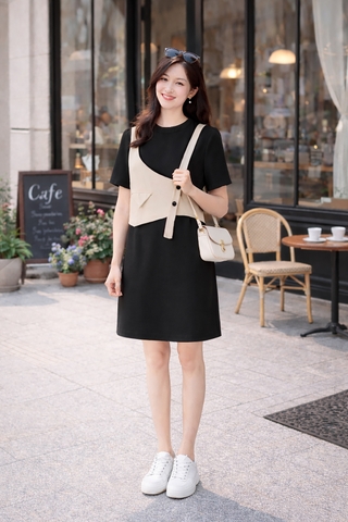 Đầm Katosa Ngắn Tay Phối Ghi Lê-KTS221111
