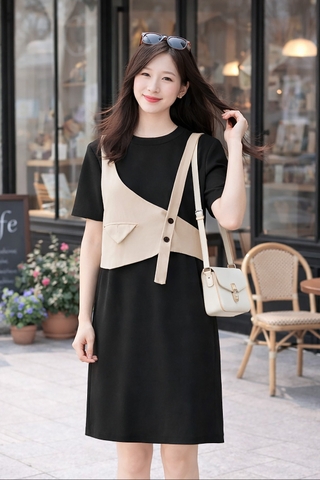 Đầm Katosa Ngắn Tay Phối Ghi Lê-KTS221111
