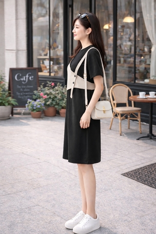 Đầm Katosa Ngắn Tay Phối Ghi Lê-KTS221111