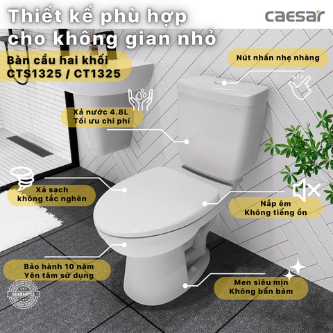 Bồn cầu 2 khối Caesar CT1325 xả 1 nhấn nắp thường