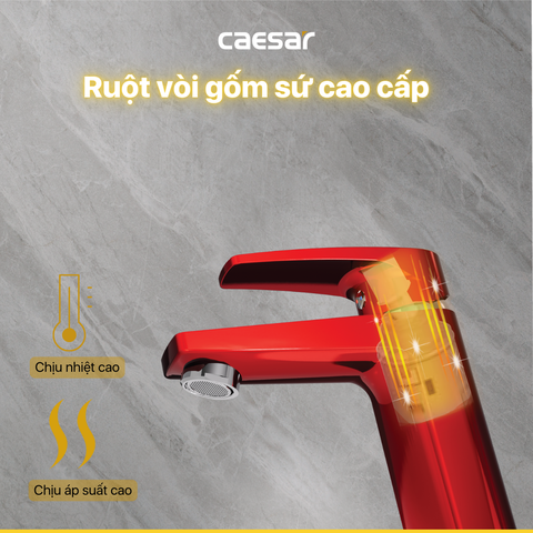 Vòi Lavabo Caesar B390CRU Màu Đỏ Nóng Lạnh kèm nút xả nhấn