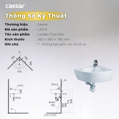Lavabo chậu rửa mặt Caesar L2014 treo góc