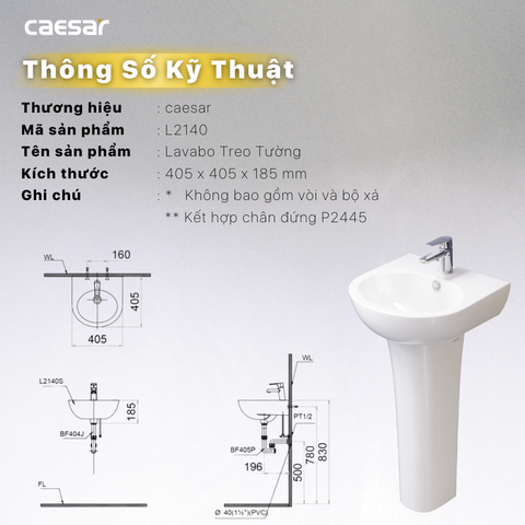 Lavabo chậu rửa mặt Caesar L2140 treo tường