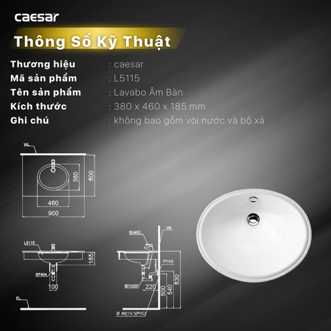 Lavabo chậu rửa mặt Caesar L5115 âm bàn