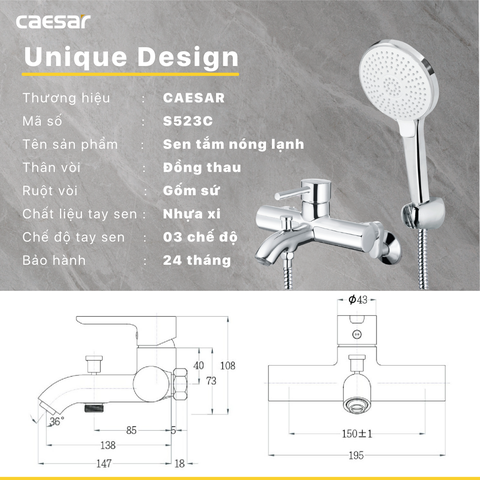 Vòi sen tắm nóng lạnh Caesar S523C