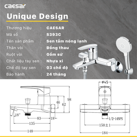 Vòi sen tắm nóng lạnh Caesar S393C