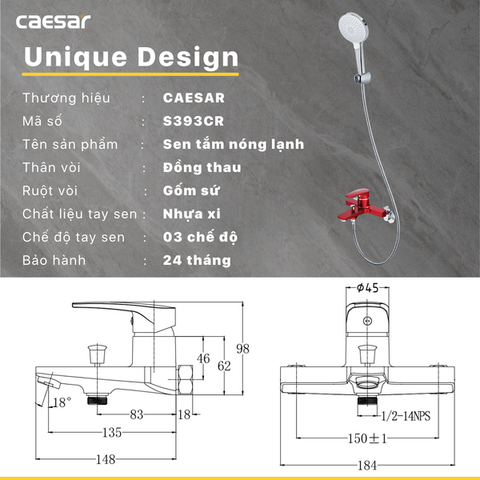 Vòi Sen CAESAR S393CR Màu Đỏ Tay Sen Massage Nóng Lạnh
