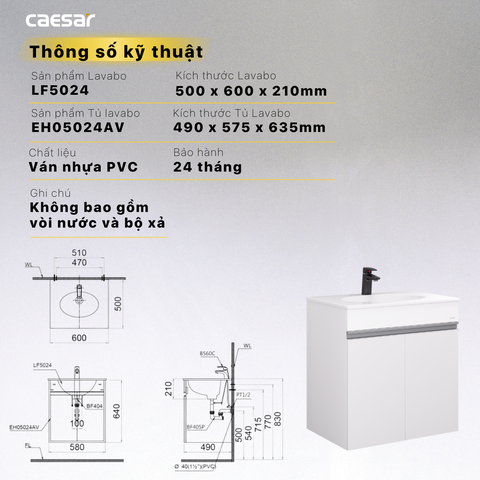 Bộ Lavabo tủ Caesar LF5024 + EH05024AV