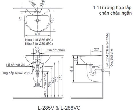Lavabo chậu rửa mặt INAX L-285V treo tường + chân ngắn (L288V)