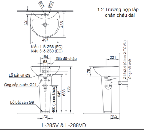Lavabo chậu rửa mặt INAX L-288V treo tường + chân dài (L288V)