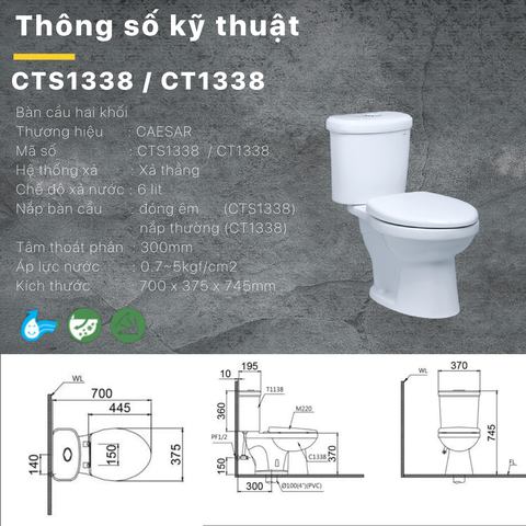 Bồn cầu 2 khối Caesar CT1338 xả 1 nhấn nắp thường