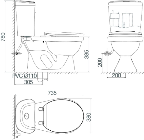 Bàn cầu hai khối Viglacera VI88 nắp êm