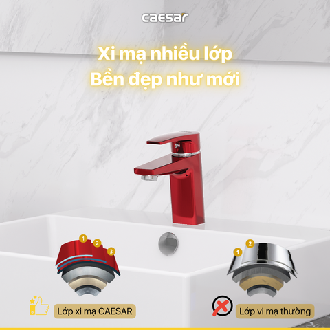 Vòi Lavabo Caesar B390CRU Màu Đỏ Nóng Lạnh kèm nút xả nhấn