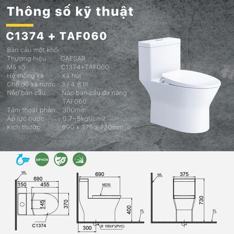Bồn cầu 1 khối Caesar CD1374 nắp rửa cơ TAF060