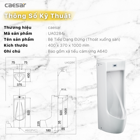 Bồn tiểu nam Caesar UA0284 đặt sàn + xả tiểu cảm ứng