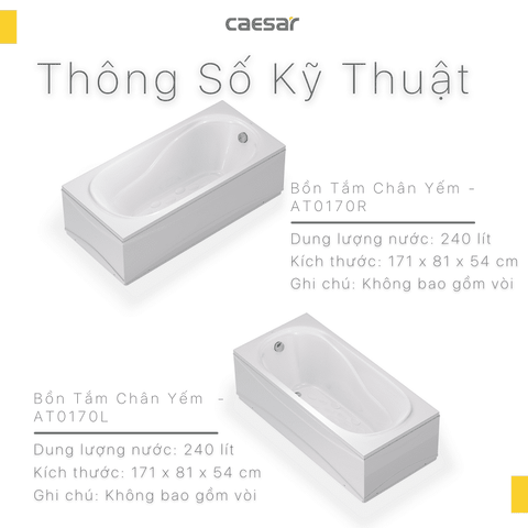 Bồn tắm dài Caesar AT0170L(R) dài 1m7 loại chân yếm