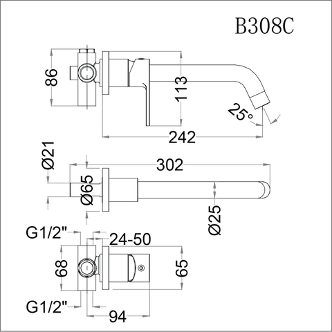 Vòi lavabo chậu rửa mặt Caesar B308C gắn tường nóng lạnh