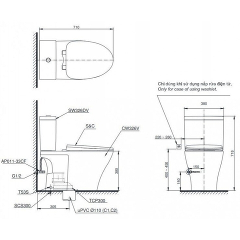 Bồn cầu 2 khối TOTO CS326DE2#XW nắp rửa TCW07S