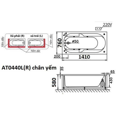 Bồn tắm dài Caesar AT0440L(R) dài 1m4 loại chân yếm