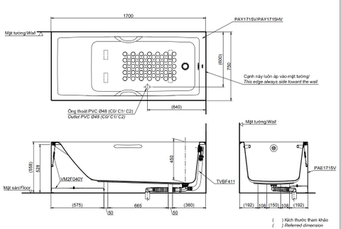 Bồn tắm yếm TOTO PAY1715HVC#W/TVBF411 dài 1m7 có tay vịn