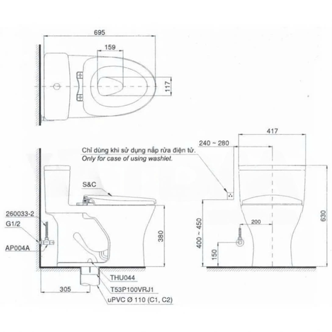 Bồn cầu 1 khối TOTO MS855CDW23 nắp rửa TCF47360GAA
