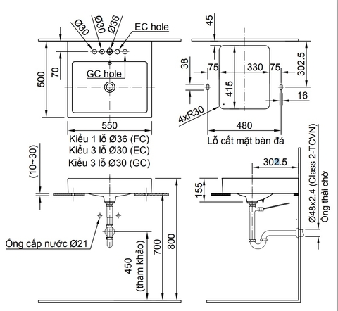 Lavabo chậu rửa mặt INAX AL-536VEC đặt bàn 3 lỗ (AL536V)