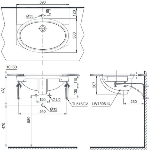 Lavabo chậu rửa mặt TOTO LW1506V#XW âm bàn sứ chống bám bẩn