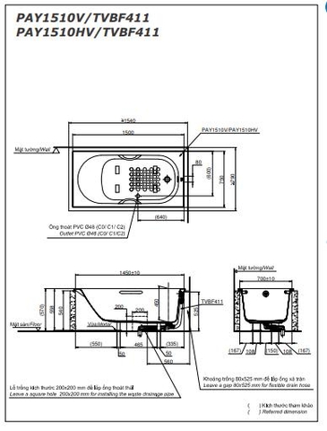Bồn tắm xây TOTO PAY1510V#W/TVBF411 dài 1m5