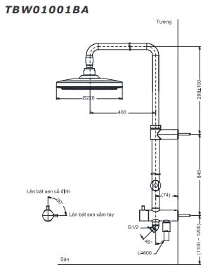 Thân sen tắm TOTO TBW01001BA nóng lạnh