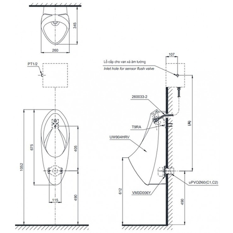 Bồn tiểu nam TOTO UT904HR#XW treo tường cấp nước sau