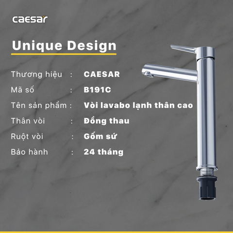 Vòi Lavabo Caesar B191C Nóng Lạnh Cổ Cao Xả Nhấn