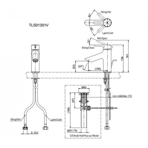 Vòi lavabo chậu rửa mặt TOTO TLS01301V nóng lạnh